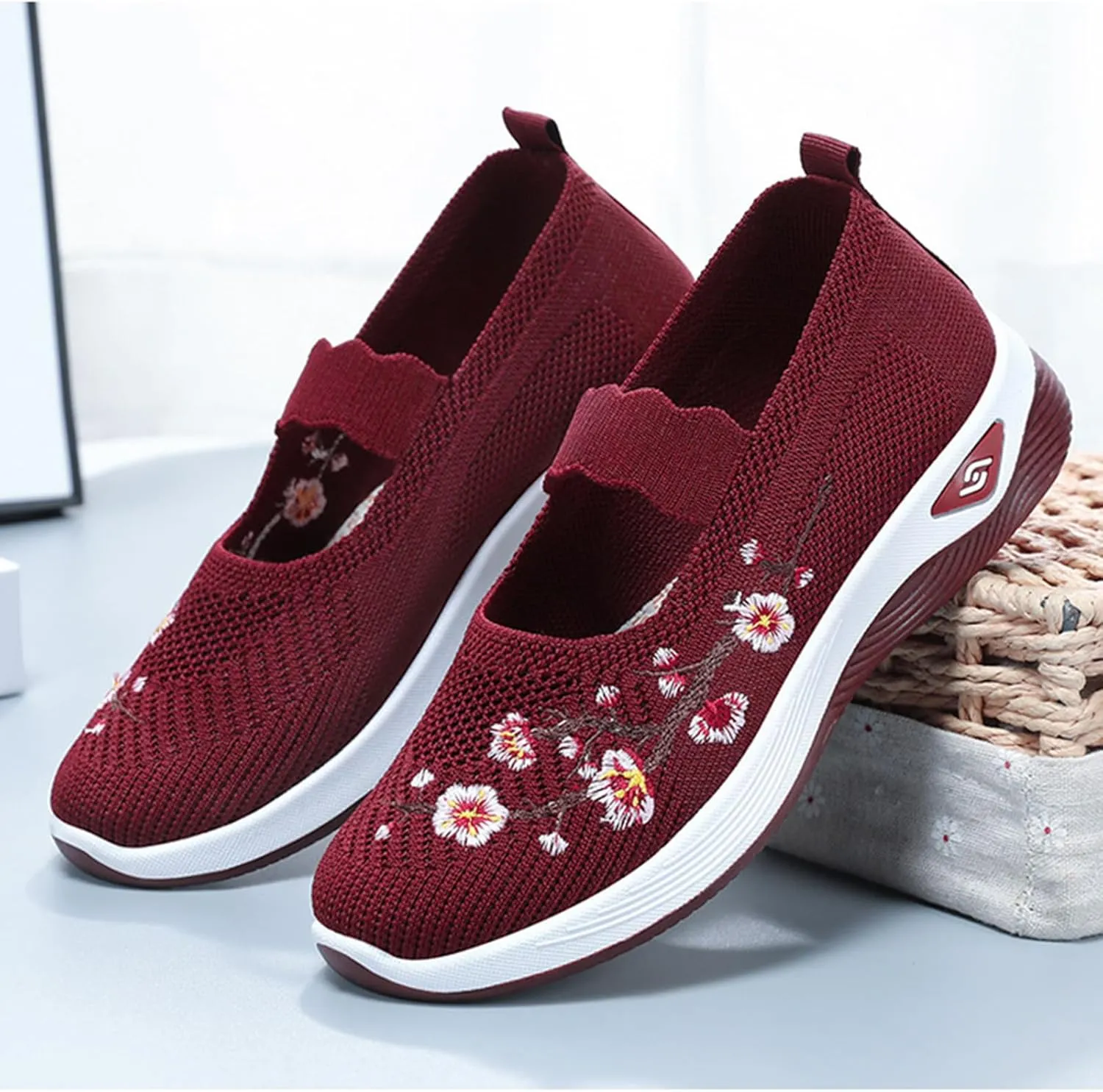 Orthowalk Shoes for Women Wide Width Breathable Walking Shoes Comfortable Slip on Sneakers Arch Support Woven Mesh Breathable Soft Shoe Wide Footwear Comfort Non Slip Work Sneaker