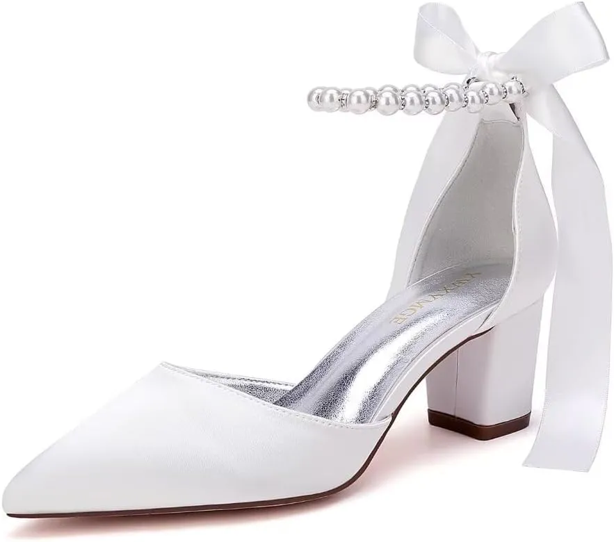 Pearl Wedding Shoes for Bride Block Heel Bridal Shoes Pointed Toe Wedding Heels Low