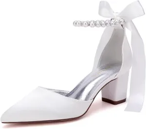 Pearl Wedding Shoes for Bride Block Heel Bridal Shoes Pointed Toe Wedding Heels Low