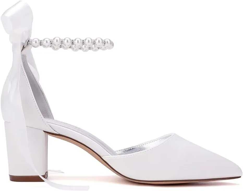 Pearl Wedding Shoes for Bride Block Heel Bridal Shoes Pointed Toe Wedding Heels Low
