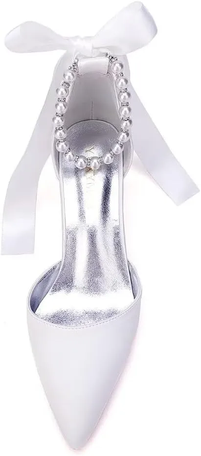 Pearl Wedding Shoes for Bride Block Heel Bridal Shoes Pointed Toe Wedding Heels Low