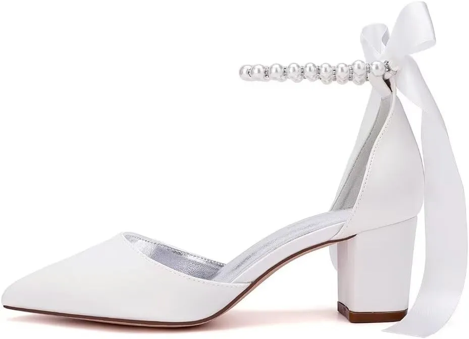 Pearl Wedding Shoes for Bride Block Heel Bridal Shoes Pointed Toe Wedding Heels Low
