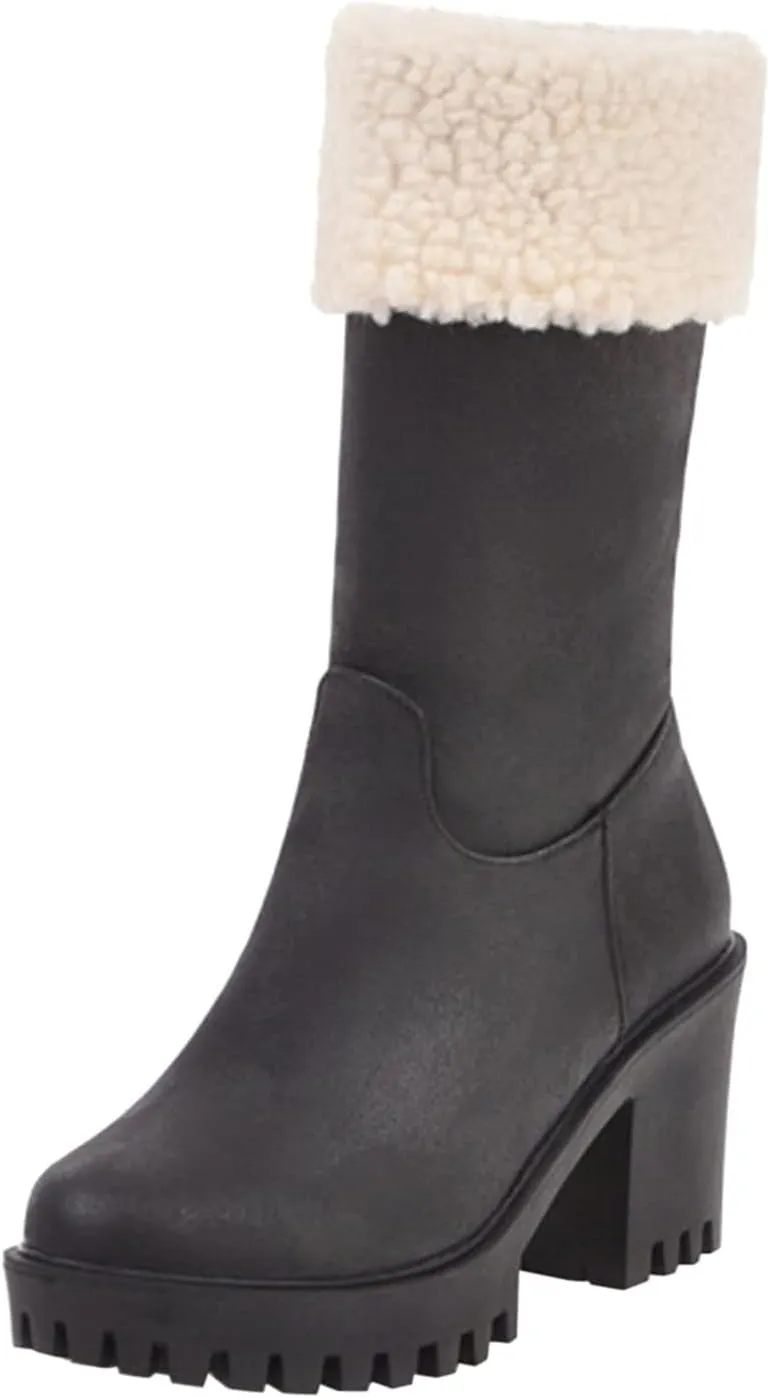 peqiut Womens Snow Boots Winter Snow Shoes Side Zipper Solid Ankle Boots Thick High Heel Leather Boots for Women (Black, 7)