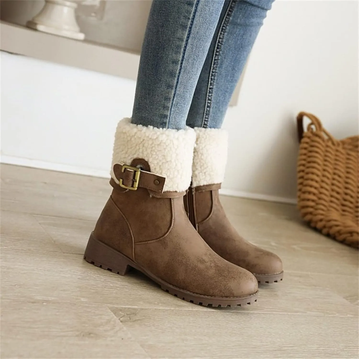 peqiut Womens Snow Boots Winter Snow Shoes Side Zipper Thick Heel Ankle Boots Walking Leather Boots for Women Comfort
