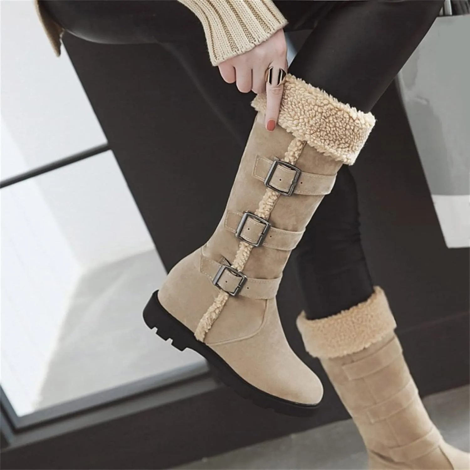 peqiut Womens Snow Boots Winter Snow Shoes Solid Color Suede Belt Long Boots Fashion Belt High Boots for Women Comfort