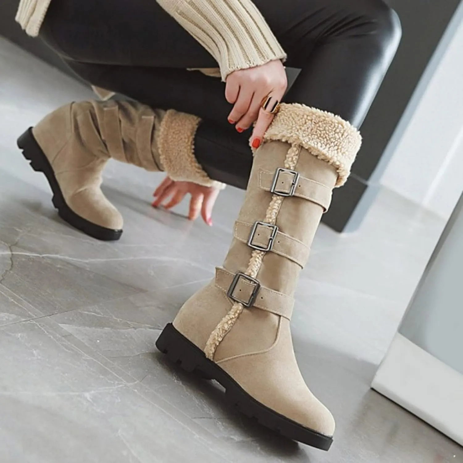 peqiut Womens Snow Boots Winter Snow Shoes Solid Color Suede Belt Long Boots Fashion Belt High Boots for Women Comfort