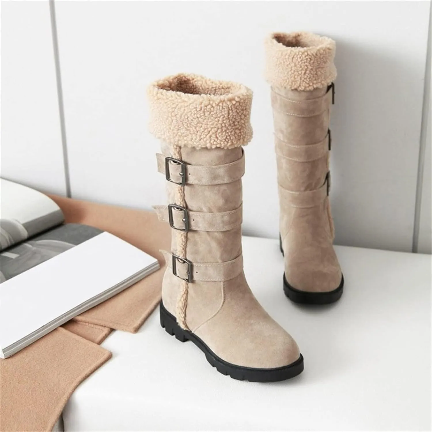 peqiut Womens Snow Boots Winter Snow Shoes Solid Color Suede Belt Long Boots Fashion Belt High Boots for Women Comfort