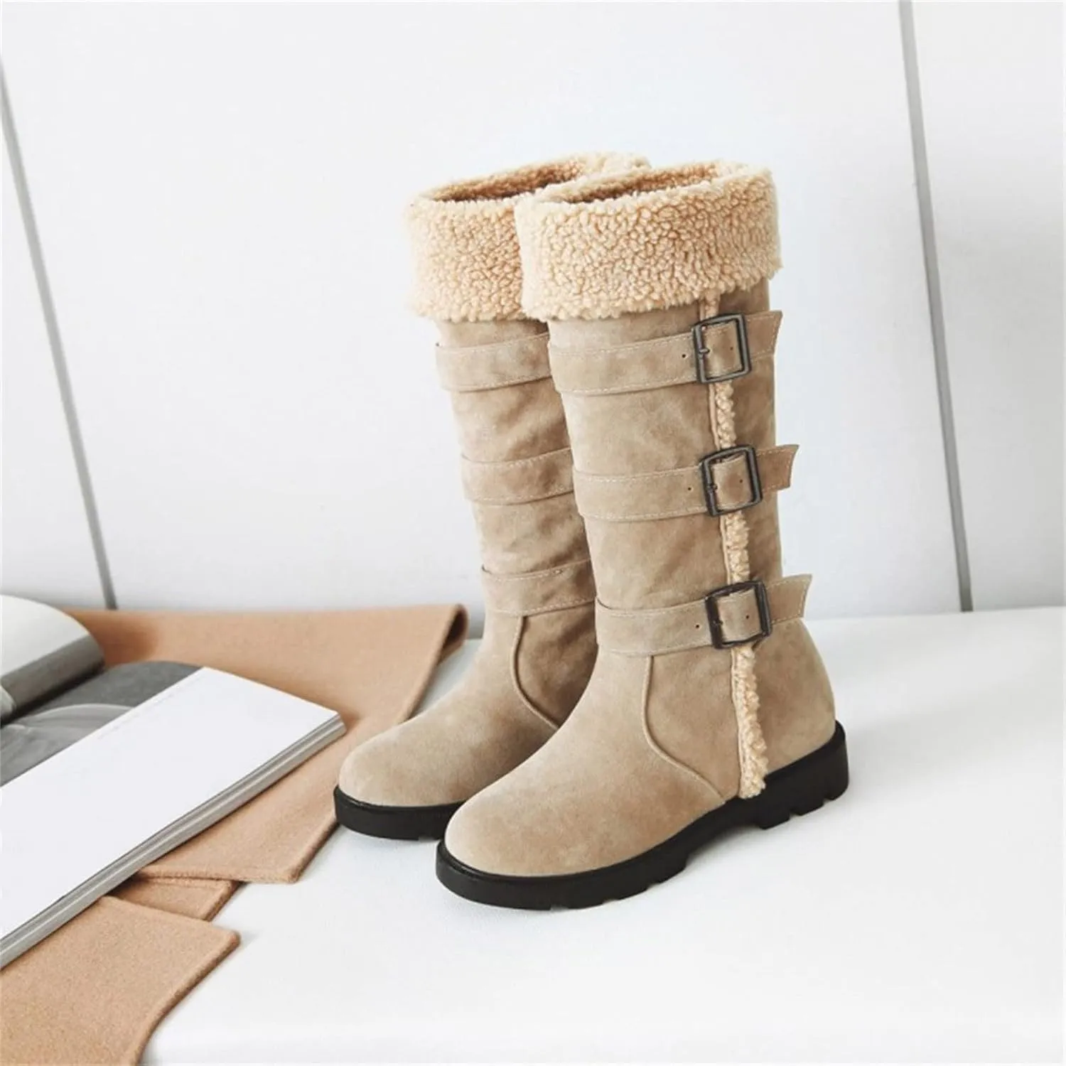 peqiut Womens Snow Boots Winter Snow Shoes Solid Color Suede Belt Long Boots Fashion Belt High Boots for Women Comfort