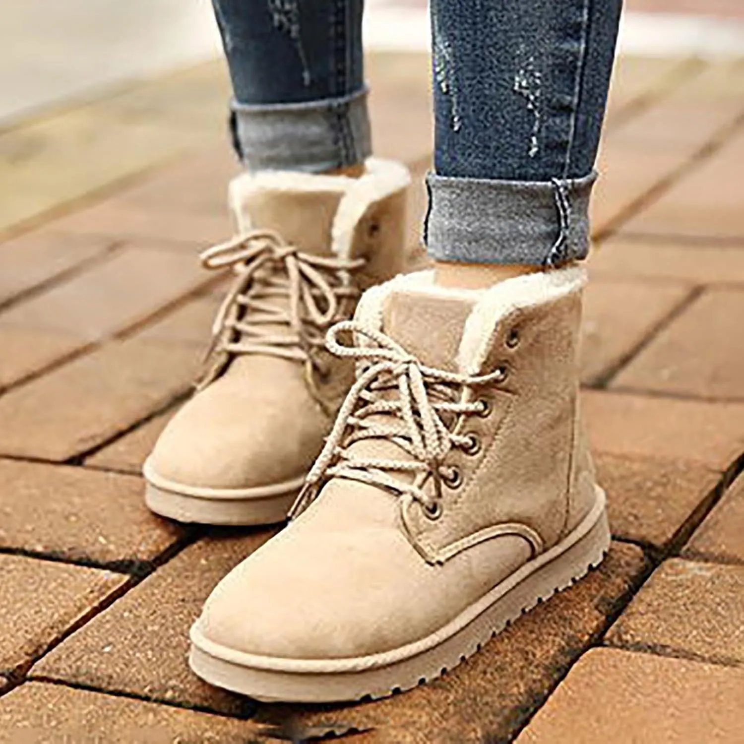 peqiut Womens Snow Boots Winter Snow Shoes Solid Color Wide Width Warm Winter Ankle Boots Lace Up Outdoor Booties Comfort