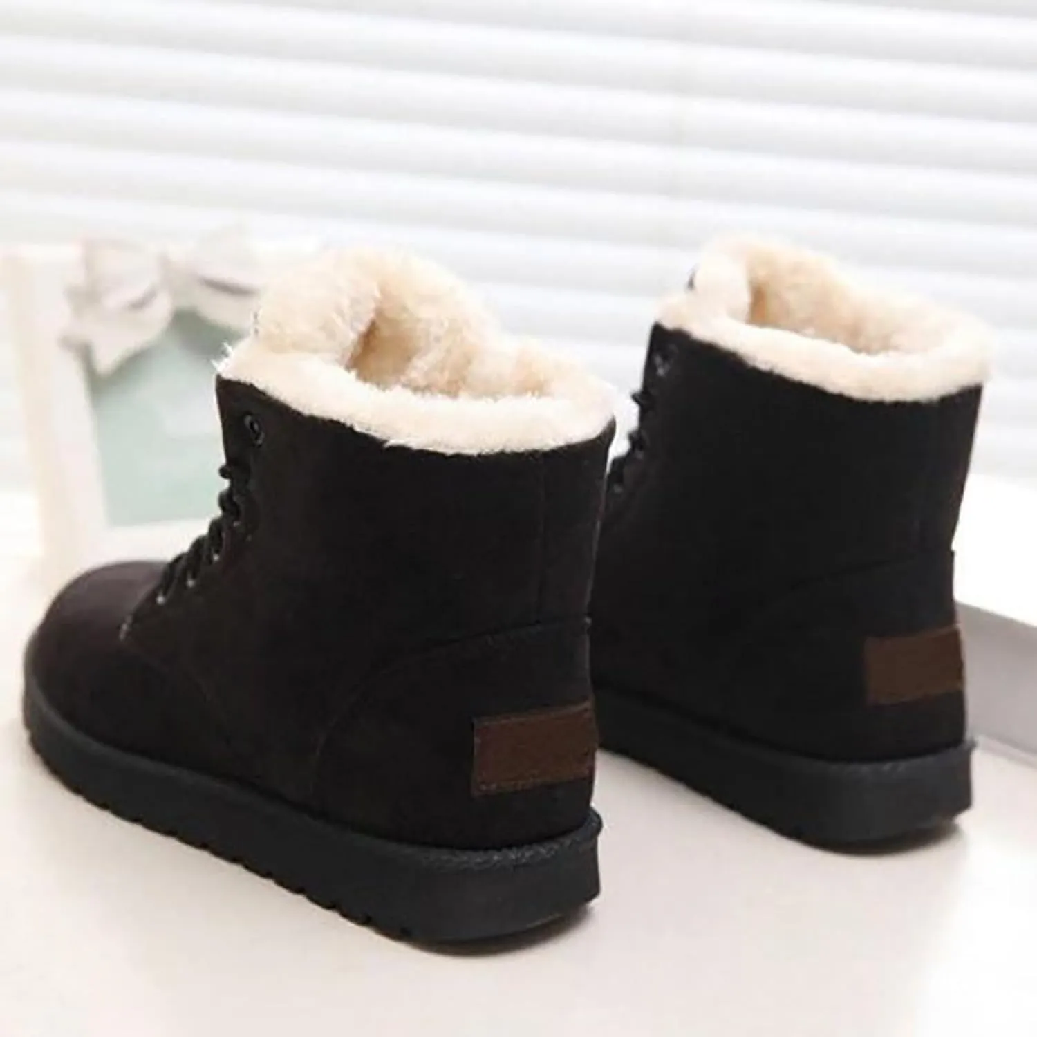 peqiut Womens Snow Boots Winter Snow Shoes Solid Color Wide Width Warm Winter Ankle Boots Lace Up Outdoor Booties Comfort