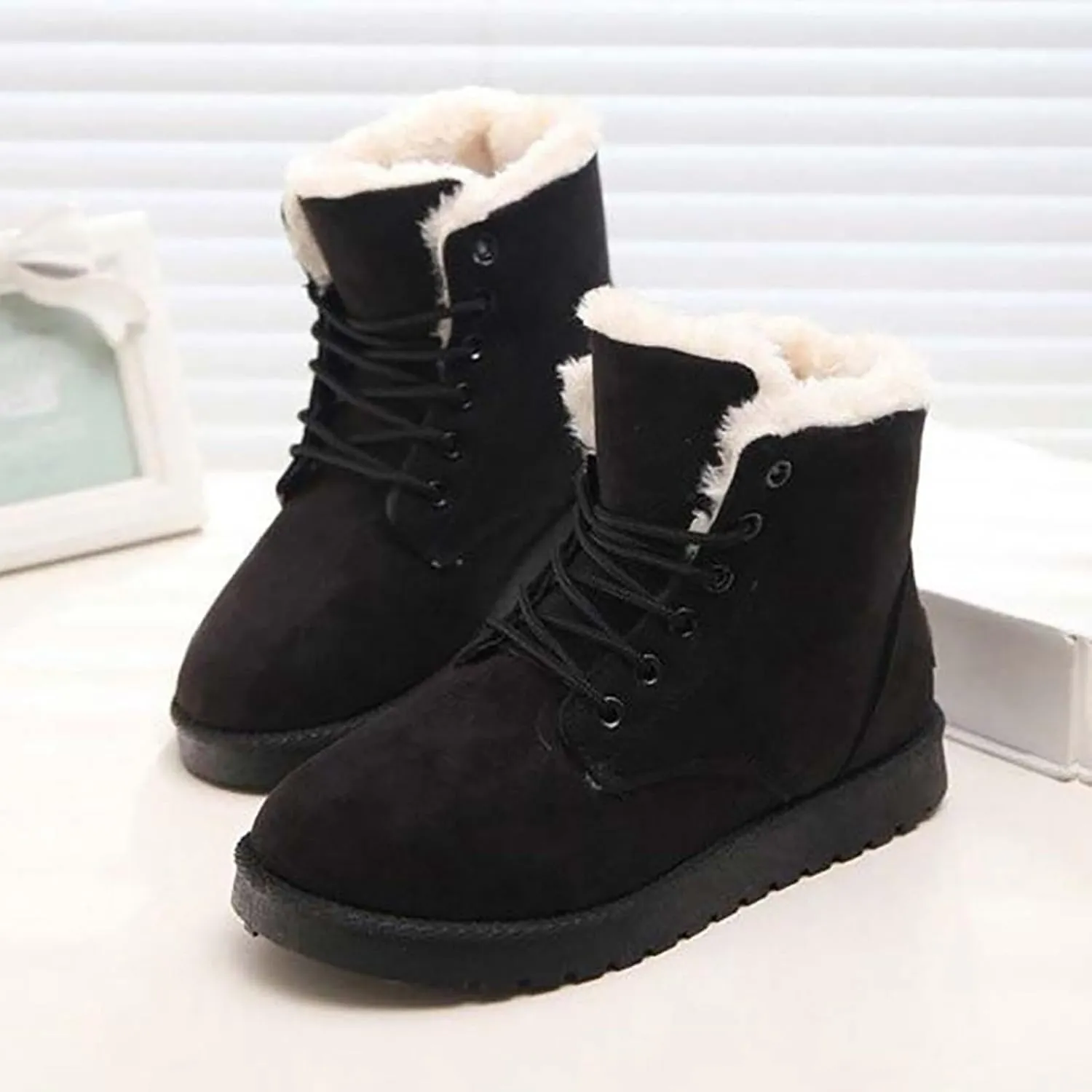 peqiut Womens Snow Boots Winter Snow Shoes Solid Color Wide Width Warm Winter Ankle Boots Lace Up Outdoor Booties Comfort