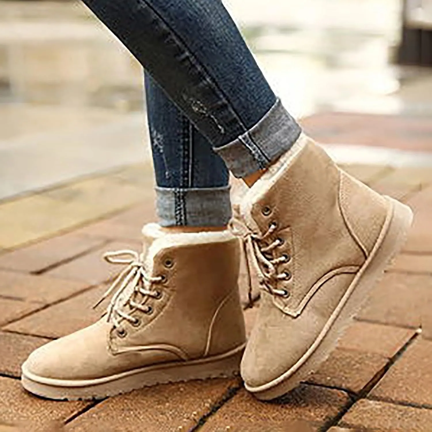 peqiut Womens Snow Boots Winter Snow Shoes Solid Color Wide Width Warm Winter Ankle Boots Lace Up Outdoor Booties Comfort
