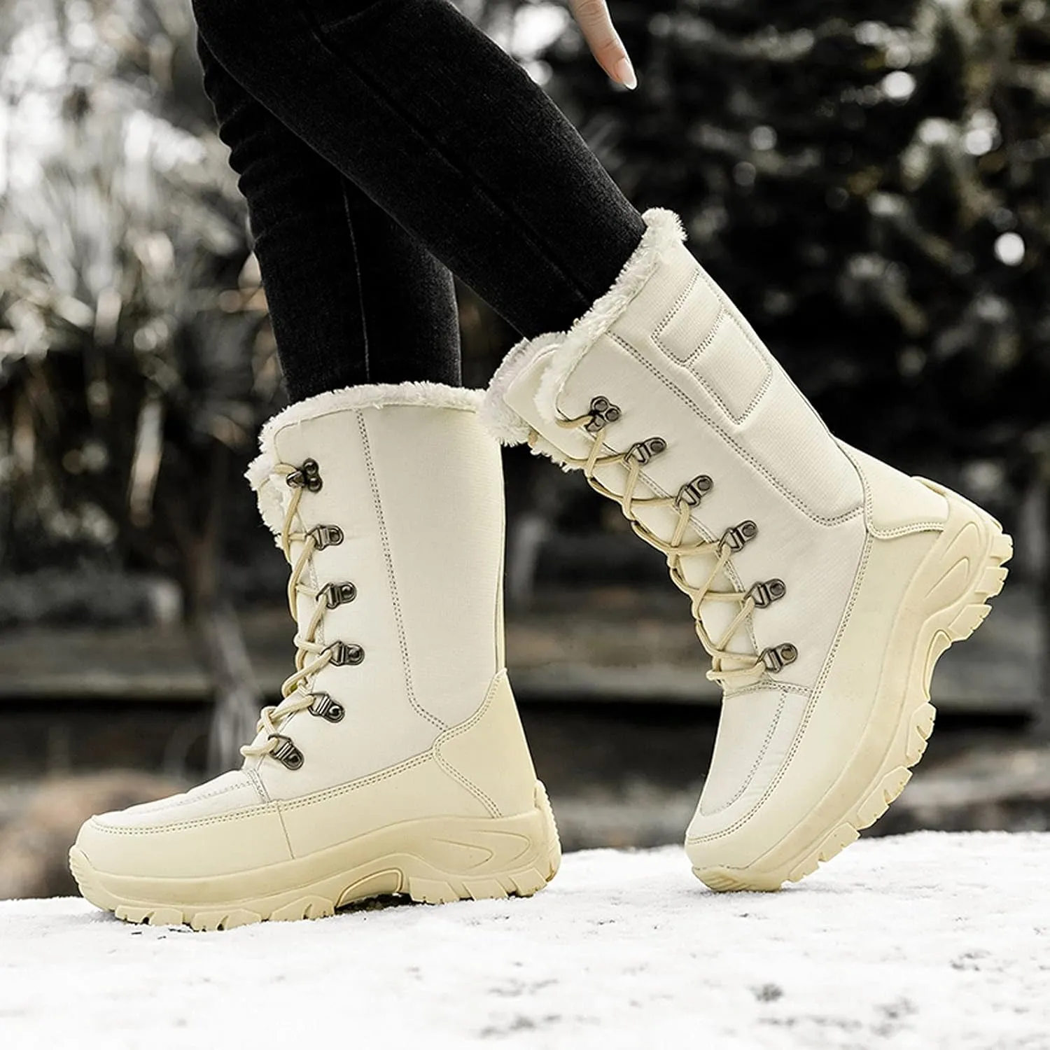 peqiut Womens Snow Boots Winter Snow Shoes Solid Round Toe Warm Winter Ankle Boots Non Slip Lace Up Outdoor Booties Comfort