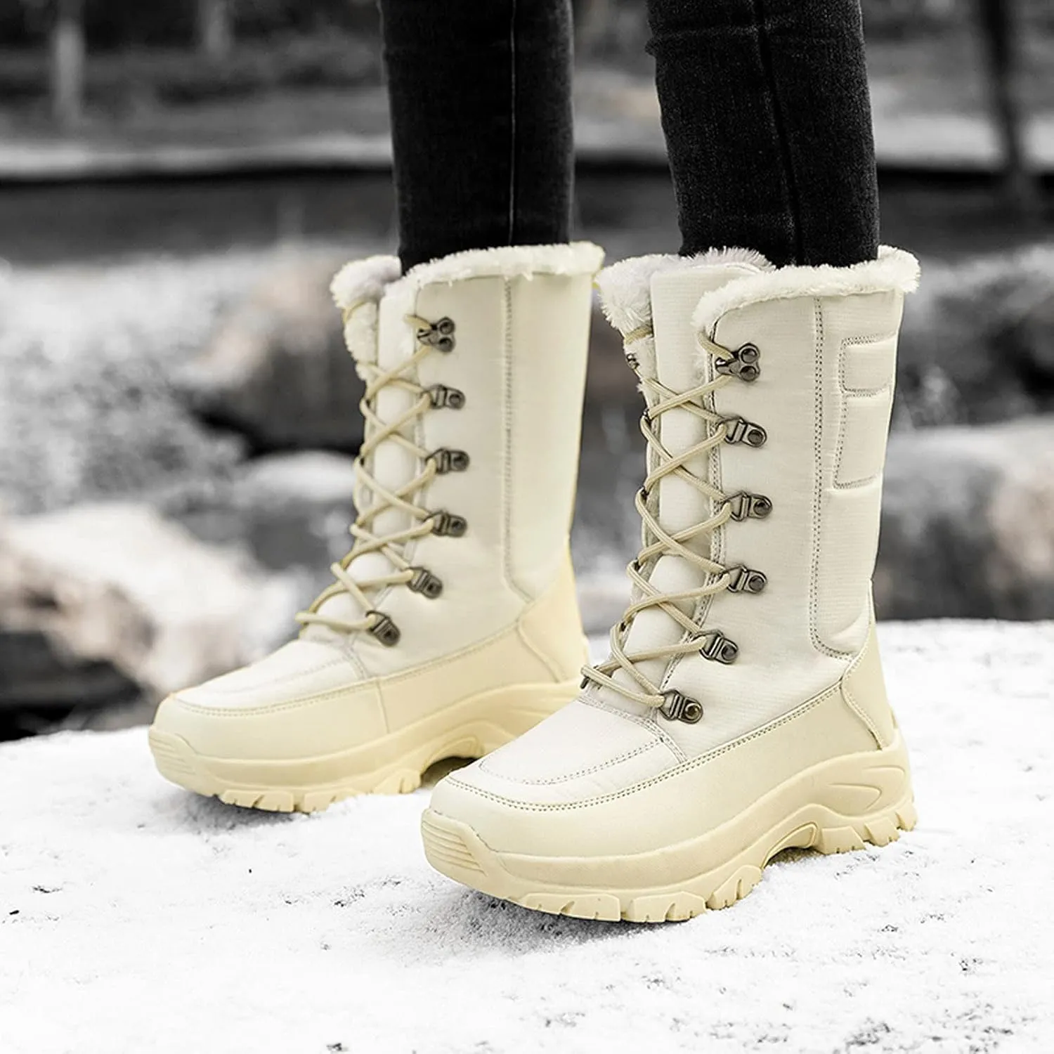 peqiut Womens Snow Boots Winter Snow Shoes Solid Round Toe Warm Winter Ankle Boots Non Slip Lace Up Outdoor Booties Comfort