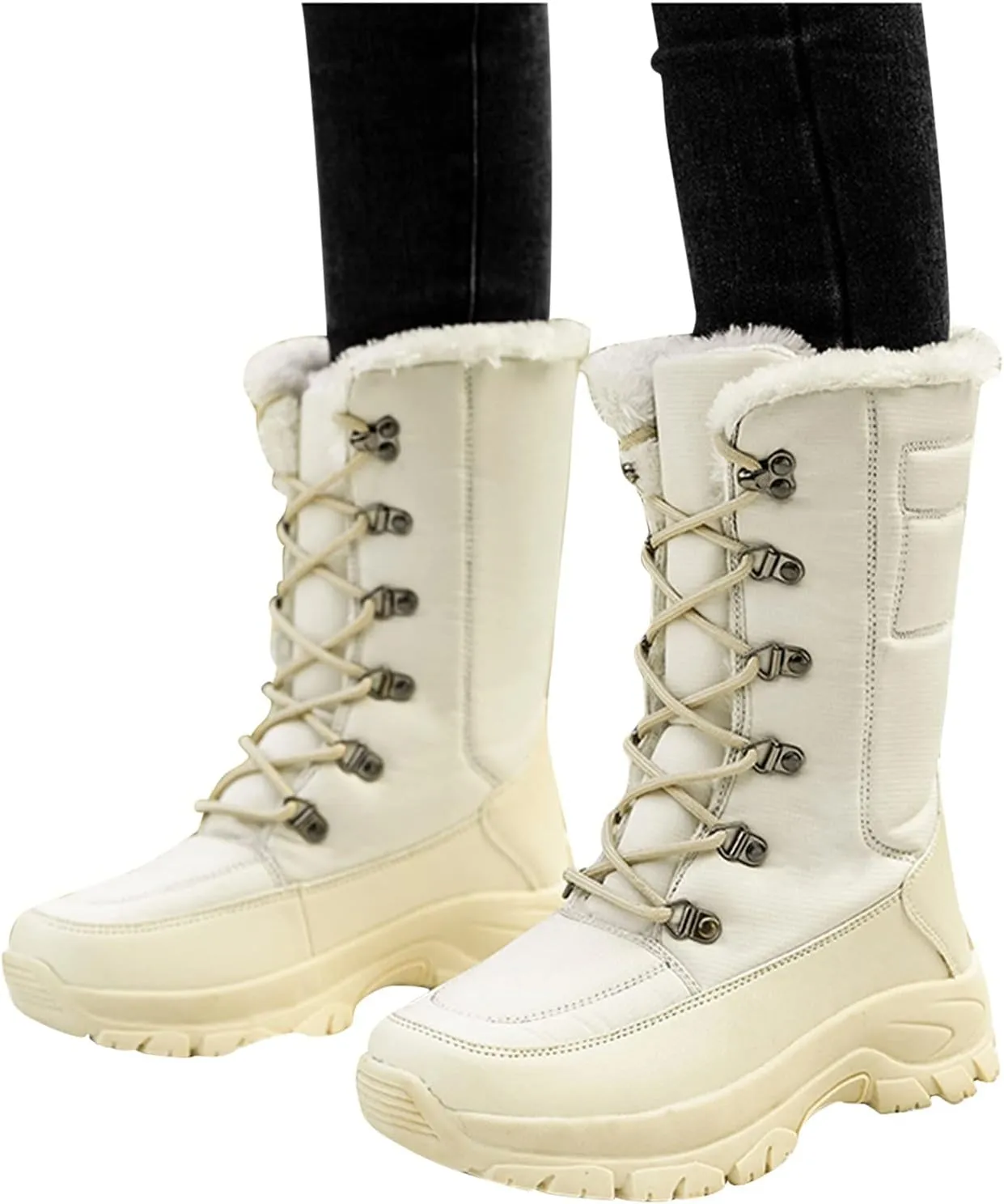peqiut Womens Snow Boots Winter Snow Shoes Solid Round Toe Warm Winter Ankle Boots Non Slip Lace Up Outdoor Booties Comfort