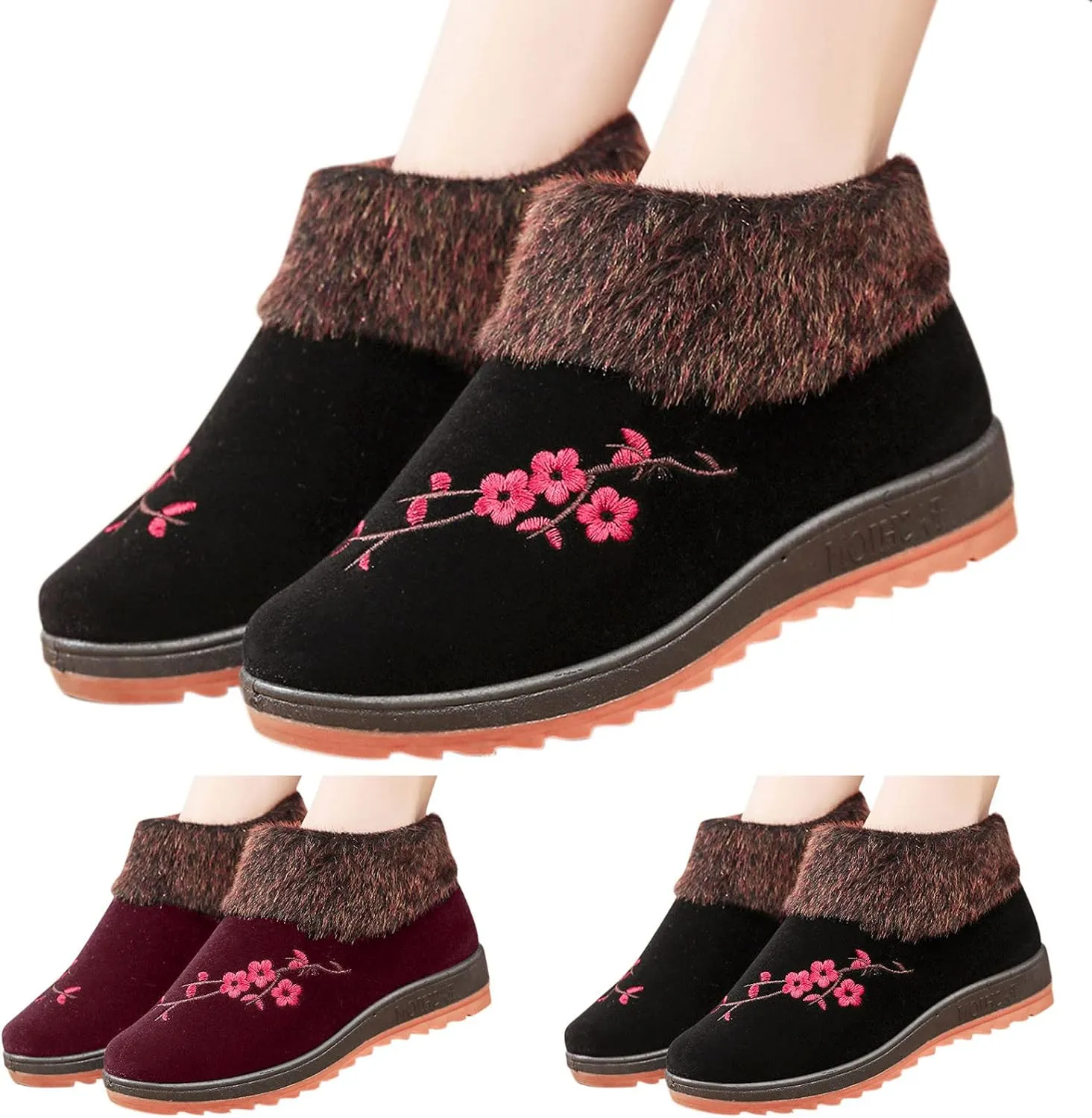 peqiut Womens Snow Boots Winter Snow Shoes Suede Embroidery Winter Ankle Boots Ladies Lightweight Outdoor Booties Comfort