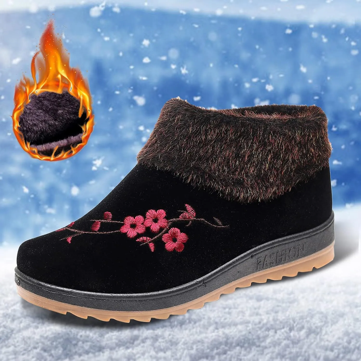 peqiut Womens Snow Boots Winter Snow Shoes Suede Embroidery Winter Ankle Boots Ladies Lightweight Outdoor Booties Comfort