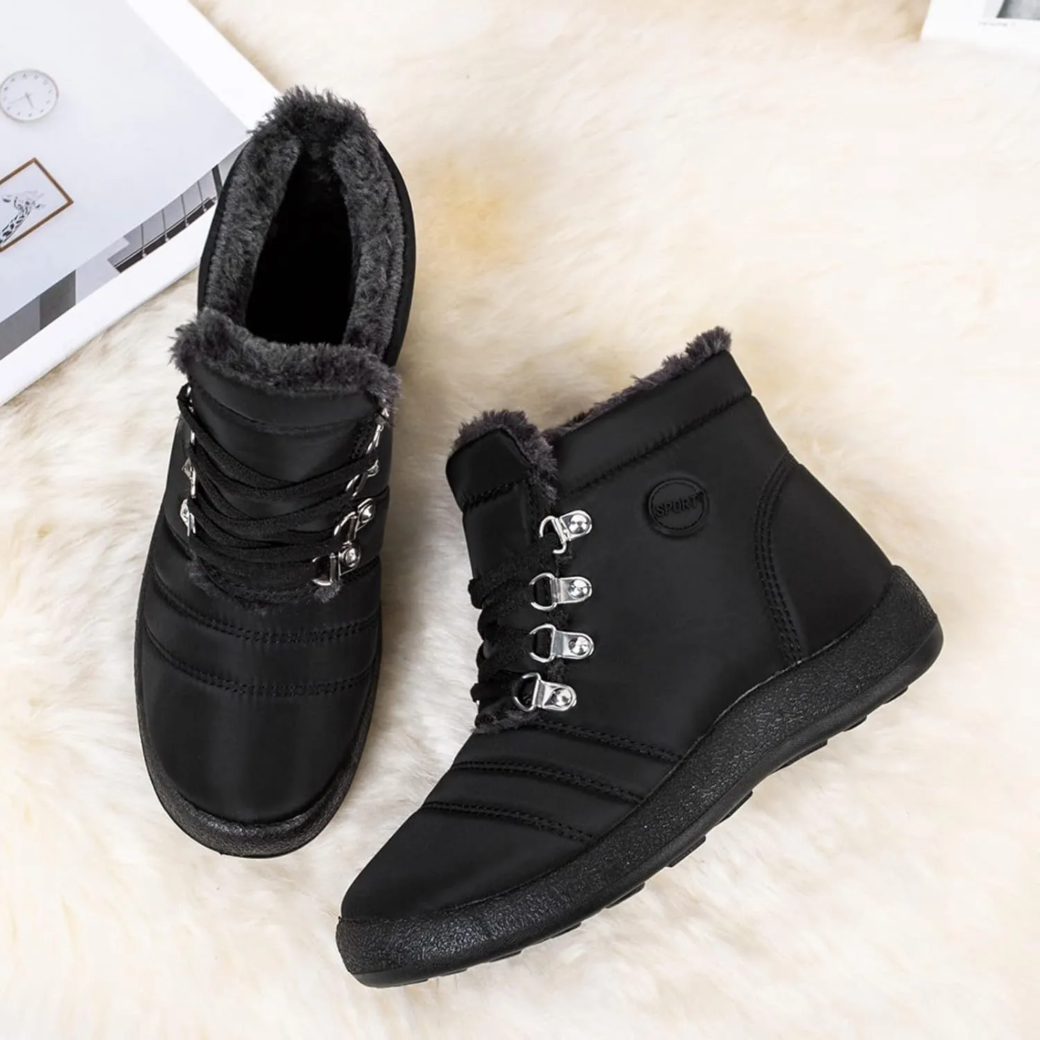 peqiut Womens Snow Boots Winter Snow Shoes Velvet Flat Lace Up Warm Winter Ankle Boots Non Slip Sport Outdoor Booties Comfort