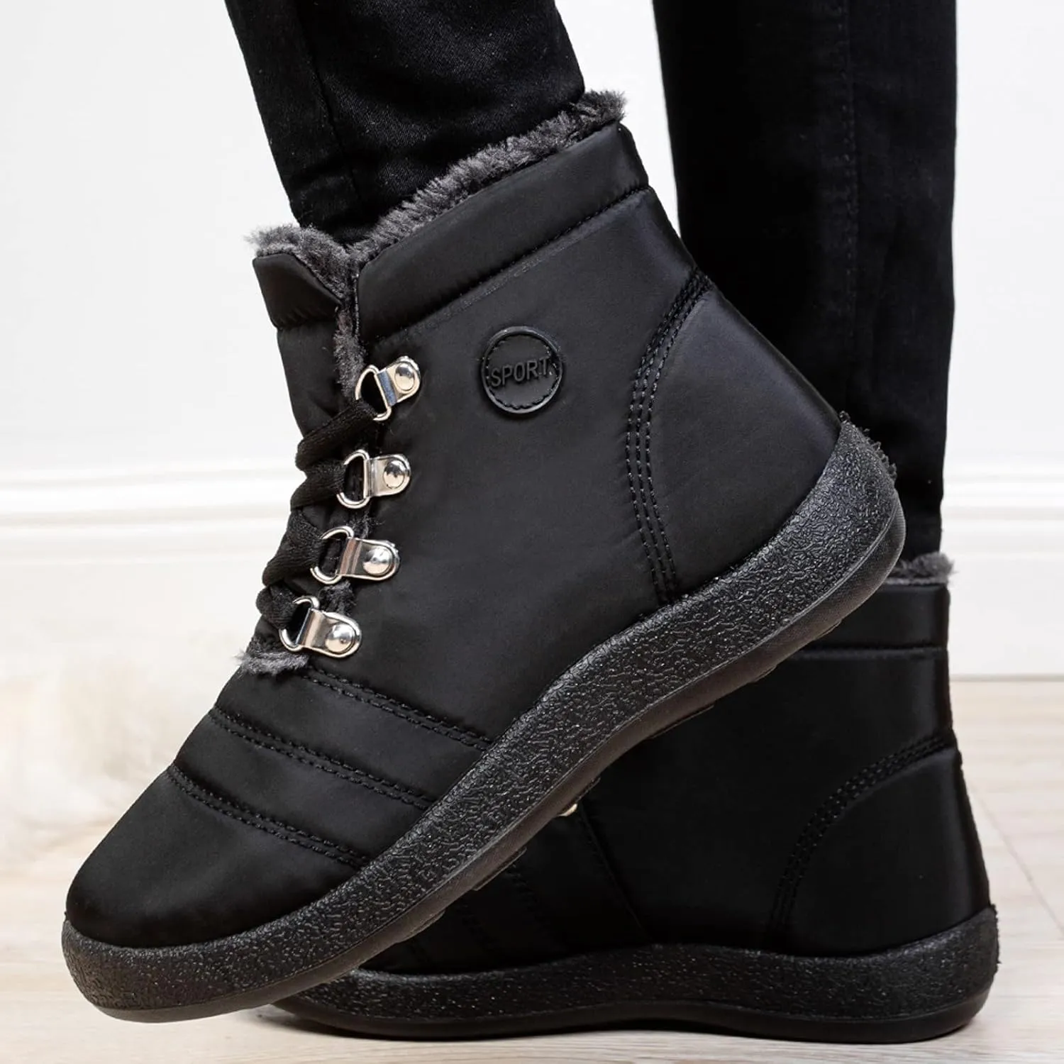 peqiut Womens Snow Boots Winter Snow Shoes Velvet Flat Lace Up Warm Winter Ankle Boots Non Slip Sport Outdoor Booties Comfort