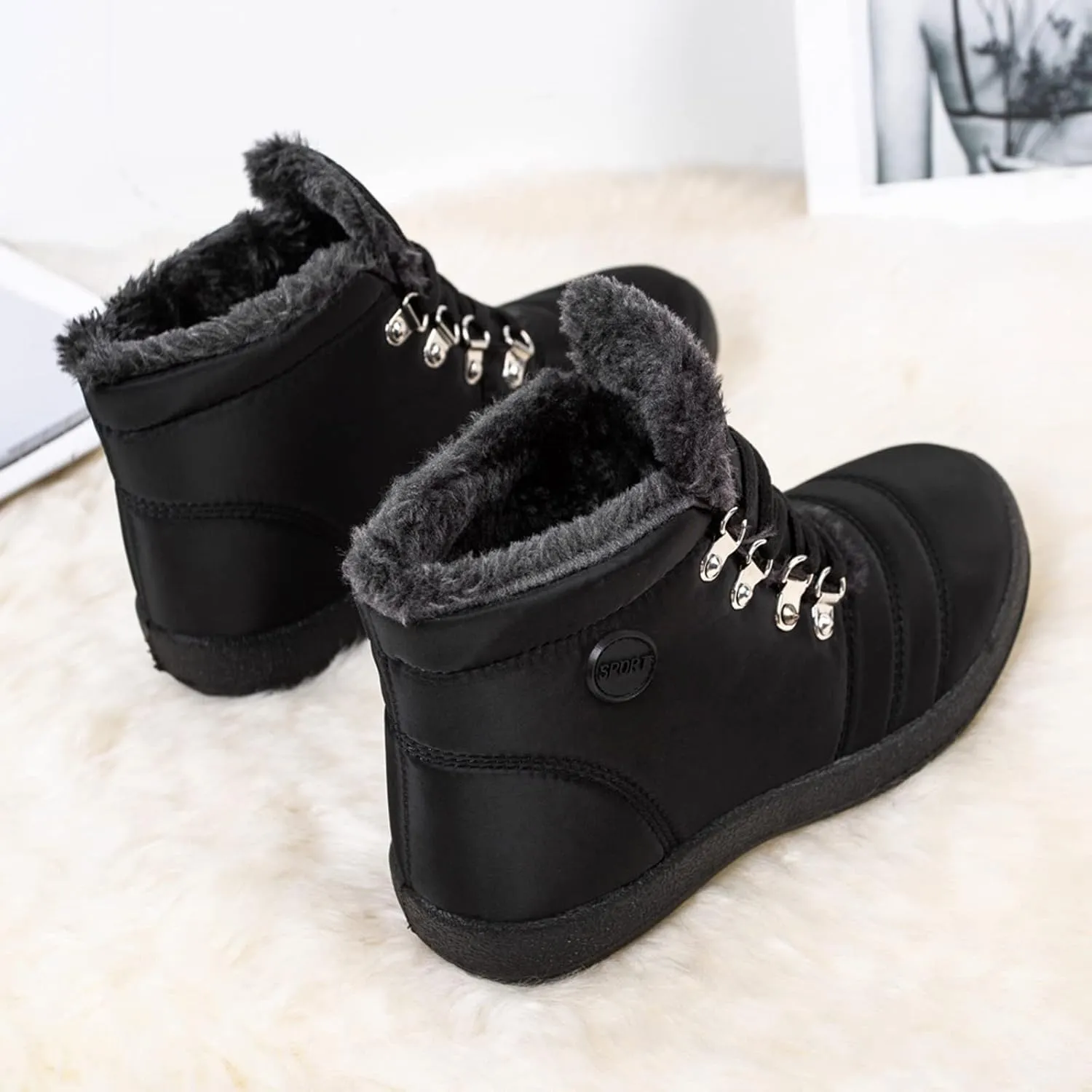 peqiut Womens Snow Boots Winter Snow Shoes Velvet Flat Lace Up Warm Winter Ankle Boots Non Slip Sport Outdoor Booties Comfort
