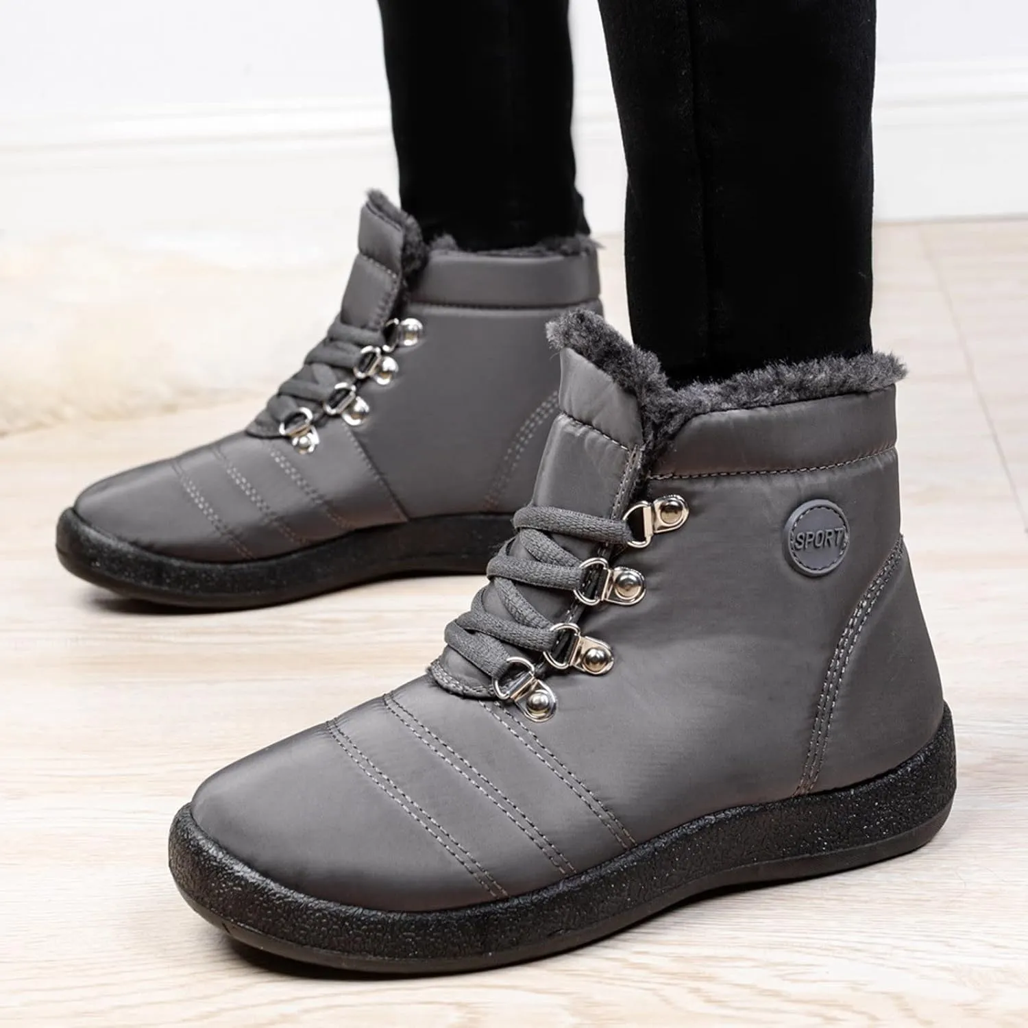 peqiut Womens Snow Boots Winter Snow Shoes Velvet Flat Lace Up Warm Winter Ankle Boots Non Slip Sport Outdoor Booties Comfort