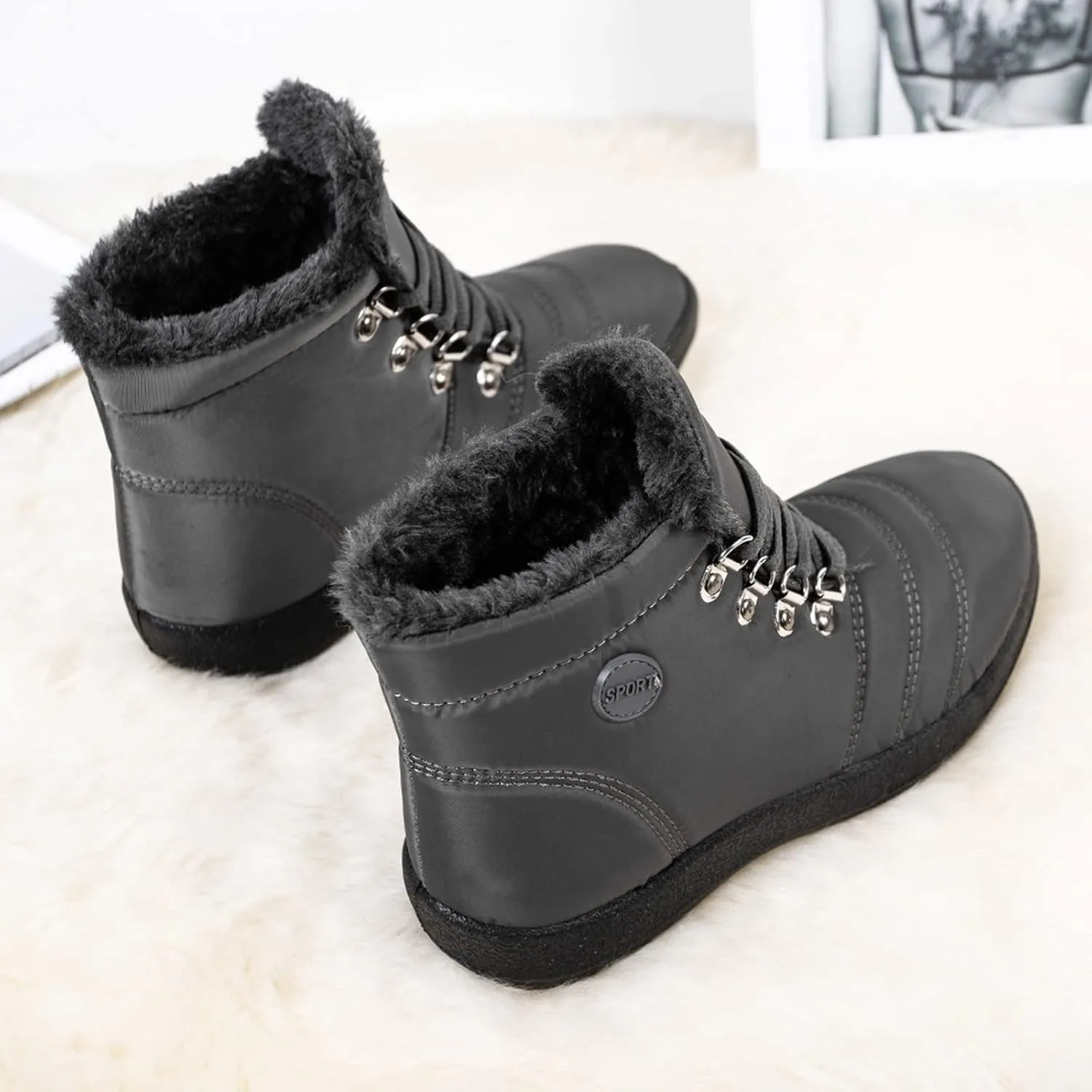 peqiut Womens Snow Boots Winter Snow Shoes Velvet Flat Lace Up Warm Winter Ankle Boots Non Slip Sport Outdoor Booties Comfort