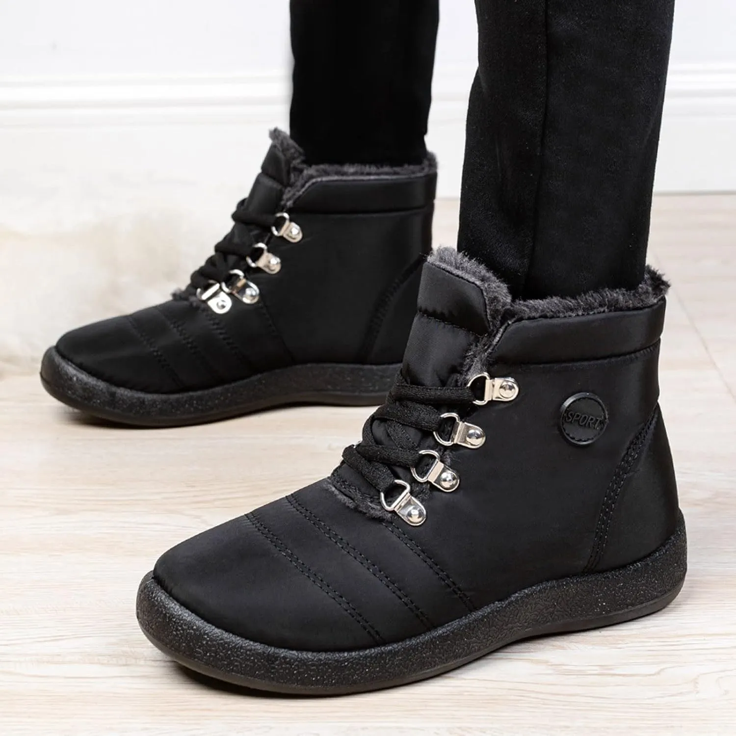 peqiut Womens Snow Boots Winter Snow Shoes Velvet Flat Lace Up Warm Winter Ankle Boots Non Slip Sport Outdoor Booties Comfort