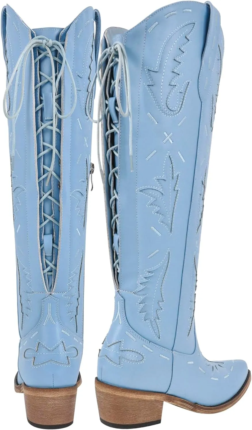 richealnini Women's Embroidered Knee High Boots Zipper Dressy Adjustable Lace Up Western Cowboy Boots