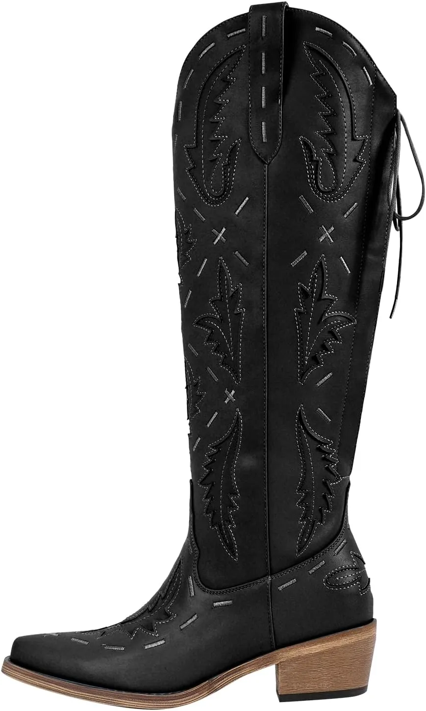 richealnini Women's Embroidered Knee High Boots Zipper Dressy Adjustable Lace Up Western Cowboy Boots