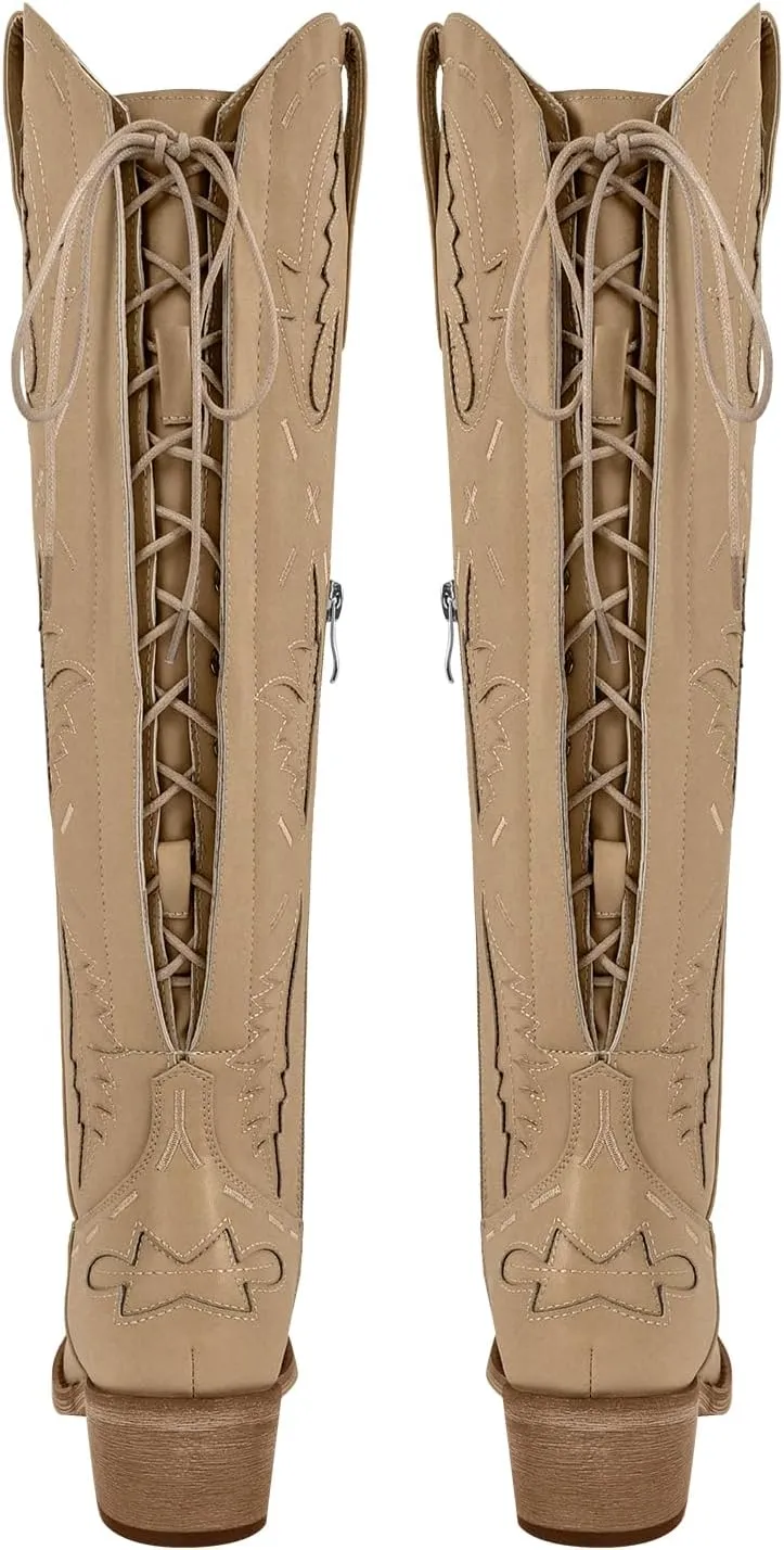 richealnini Women's Embroidered Knee High Boots Zipper Dressy Adjustable Lace Up Western Cowboy Boots