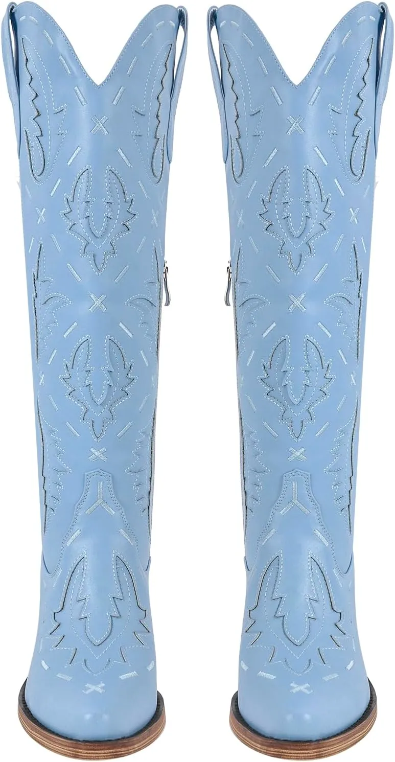 richealnini Women's Embroidered Knee High Boots Zipper Dressy Adjustable Lace Up Western Cowboy Boots