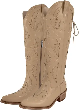 richealnini Women's Embroidered Knee High Boots Zipper Dressy Adjustable Lace Up Western Cowboy Boots