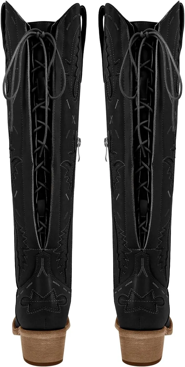 richealnini Women's Embroidered Knee High Boots Zipper Dressy Adjustable Lace Up Western Cowboy Boots