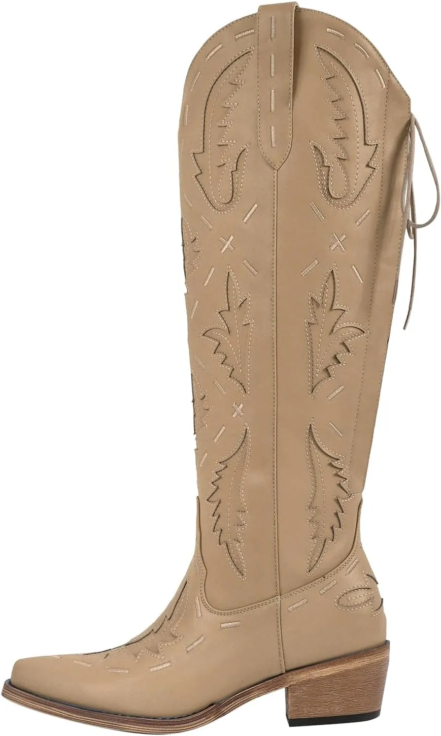richealnini Women's Embroidered Knee High Boots Zipper Dressy Adjustable Lace Up Western Cowboy Boots