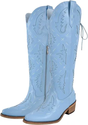 richealnini Women's Embroidered Knee High Boots Zipper Dressy Adjustable Lace Up Western Cowboy Boots