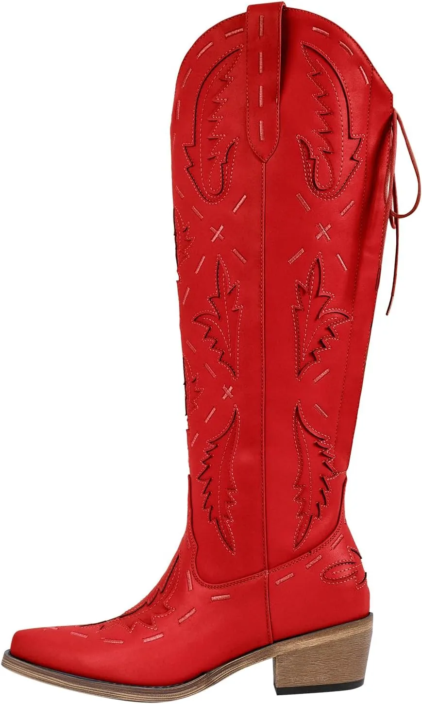 richealnini Women's Embroidered Knee High Boots Zipper Dressy Adjustable Lace Up Western Cowboy Boots