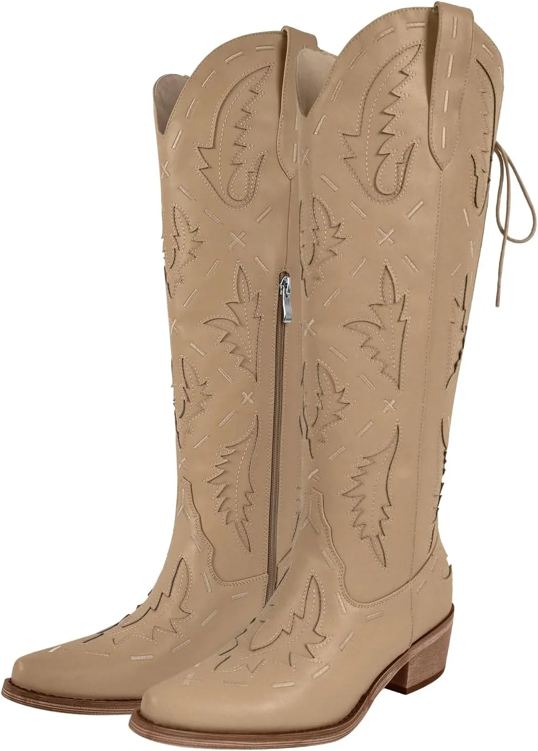 richealnini Women's Embroidered Knee High Boots Zipper Dressy Adjustable Lace Up Western Cowboy Boots