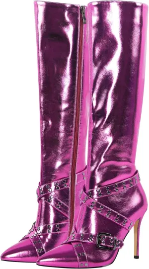 richealnini Women's Metallic Boots Sexy Pointed Toe Knee High Boots with Stiletto Heel Chains Decor Motorcycle Combat Booties