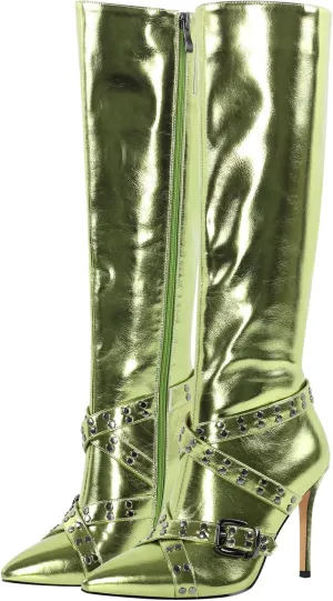 richealnini Women's Metallic Boots Sexy Pointed Toe Knee High Boots with Stiletto Heel Chains Decor Motorcycle Combat Booties