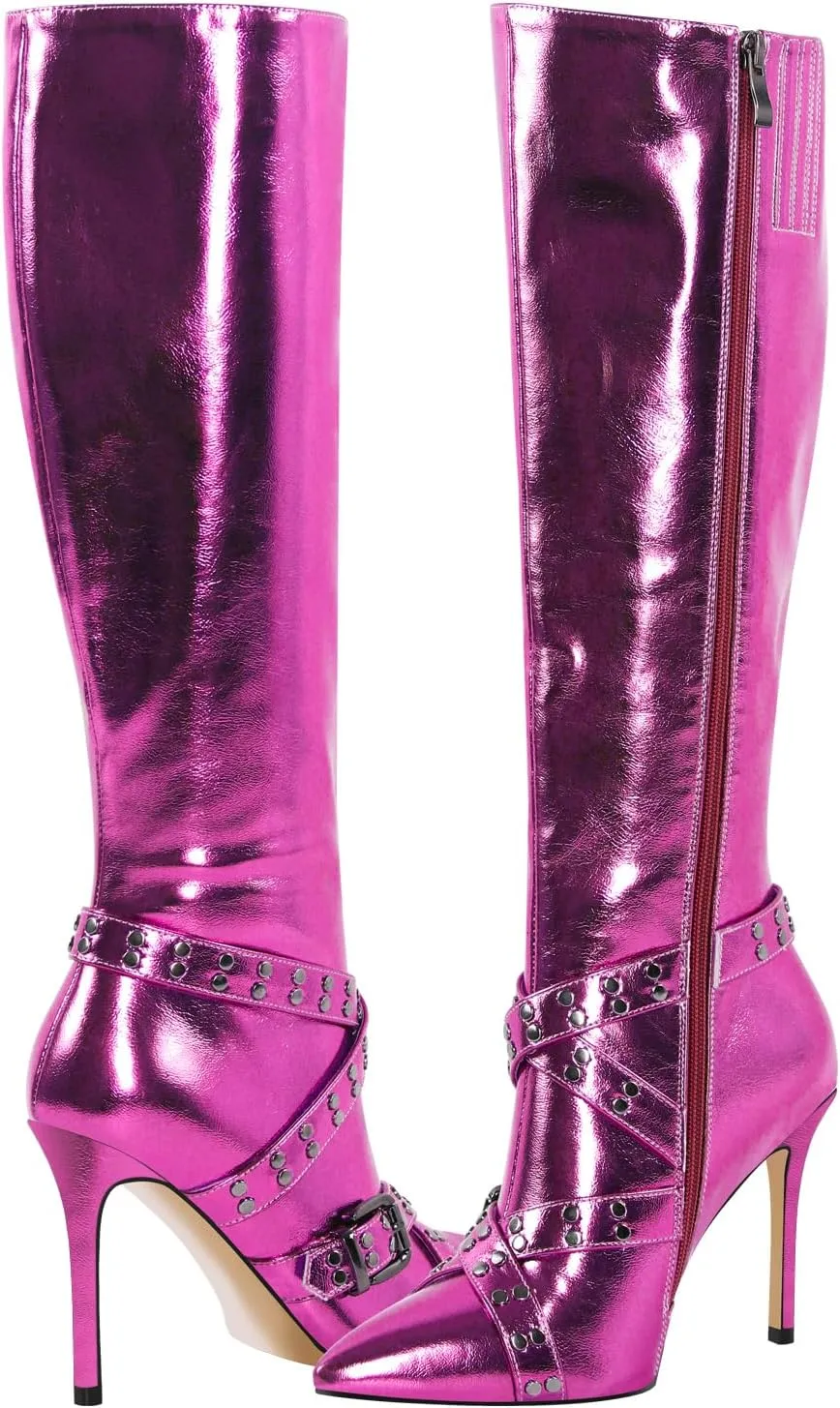 richealnini Women's Metallic Boots Sexy Pointed Toe Knee High Boots with Stiletto Heel Chains Decor Motorcycle Combat Booties