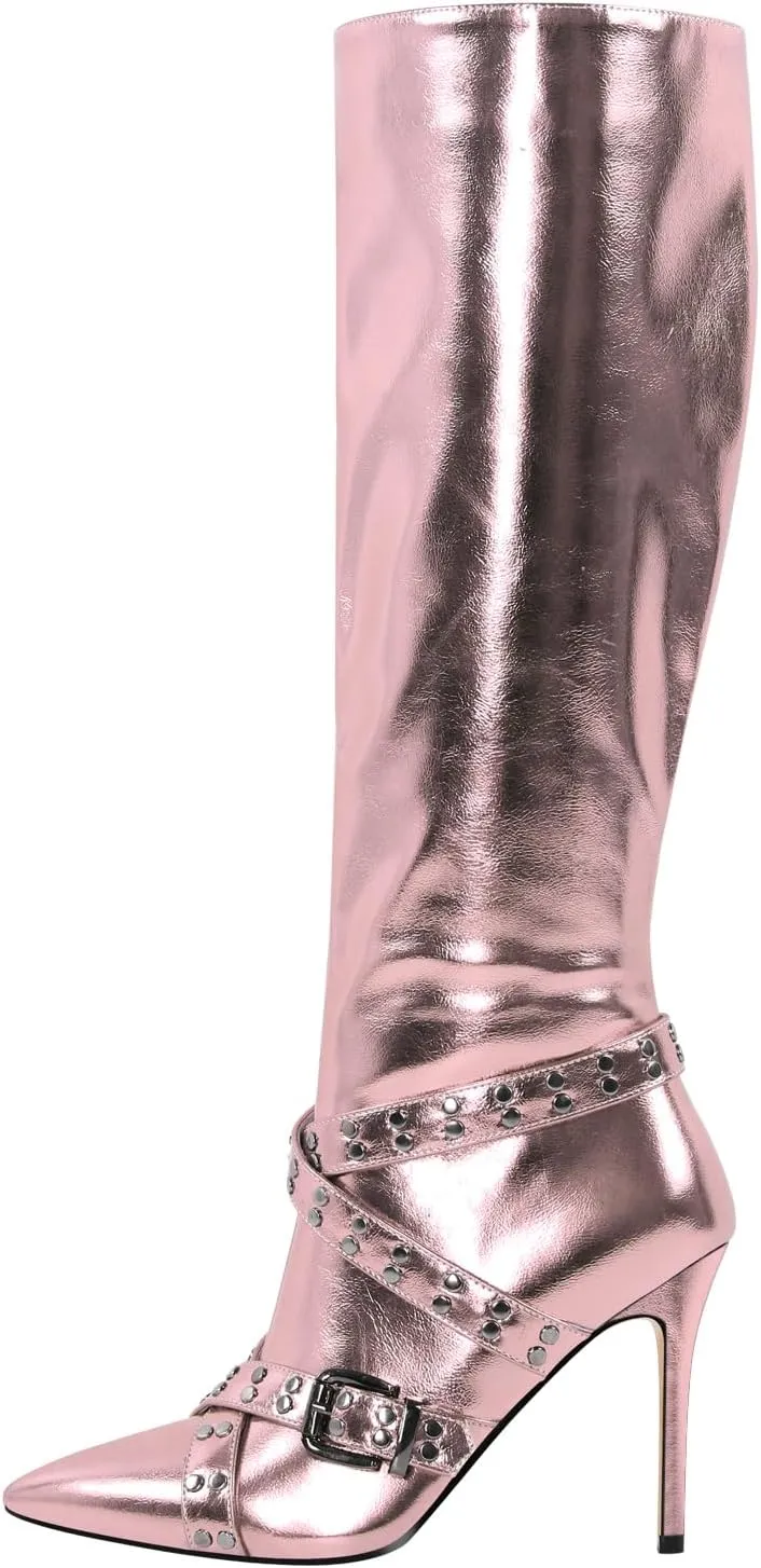 richealnini Women's Metallic Boots Sexy Pointed Toe Knee High Boots with Stiletto Heel Chains Decor Motorcycle Combat Booties