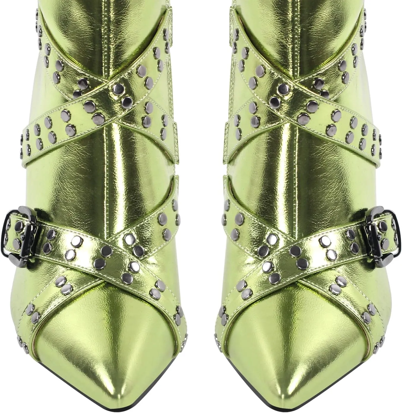 richealnini Women's Metallic Boots Sexy Pointed Toe Knee High Boots with Stiletto Heel Chains Decor Motorcycle Combat Booties