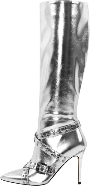 richealnini Women's Metallic Boots Sexy Pointed Toe Knee High Boots with Stiletto Heel Chains Decor Motorcycle Combat Booties