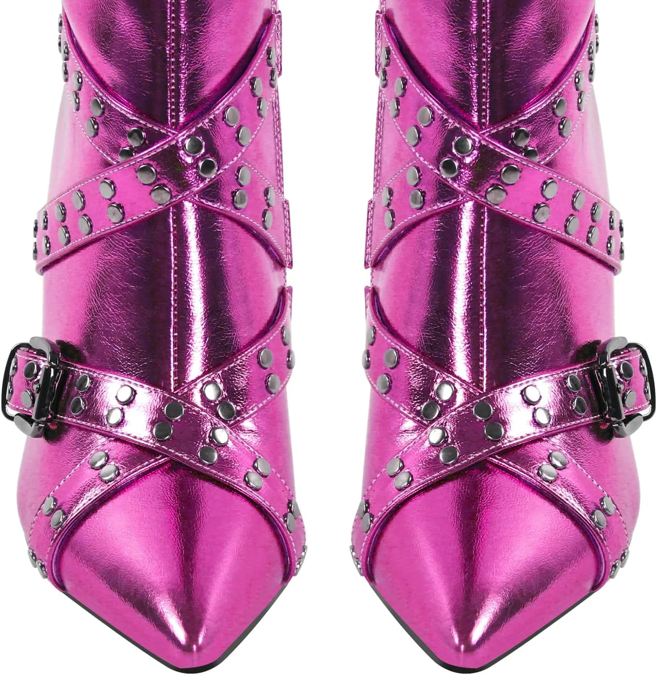richealnini Women's Metallic Boots Sexy Pointed Toe Knee High Boots with Stiletto Heel Chains Decor Motorcycle Combat Booties