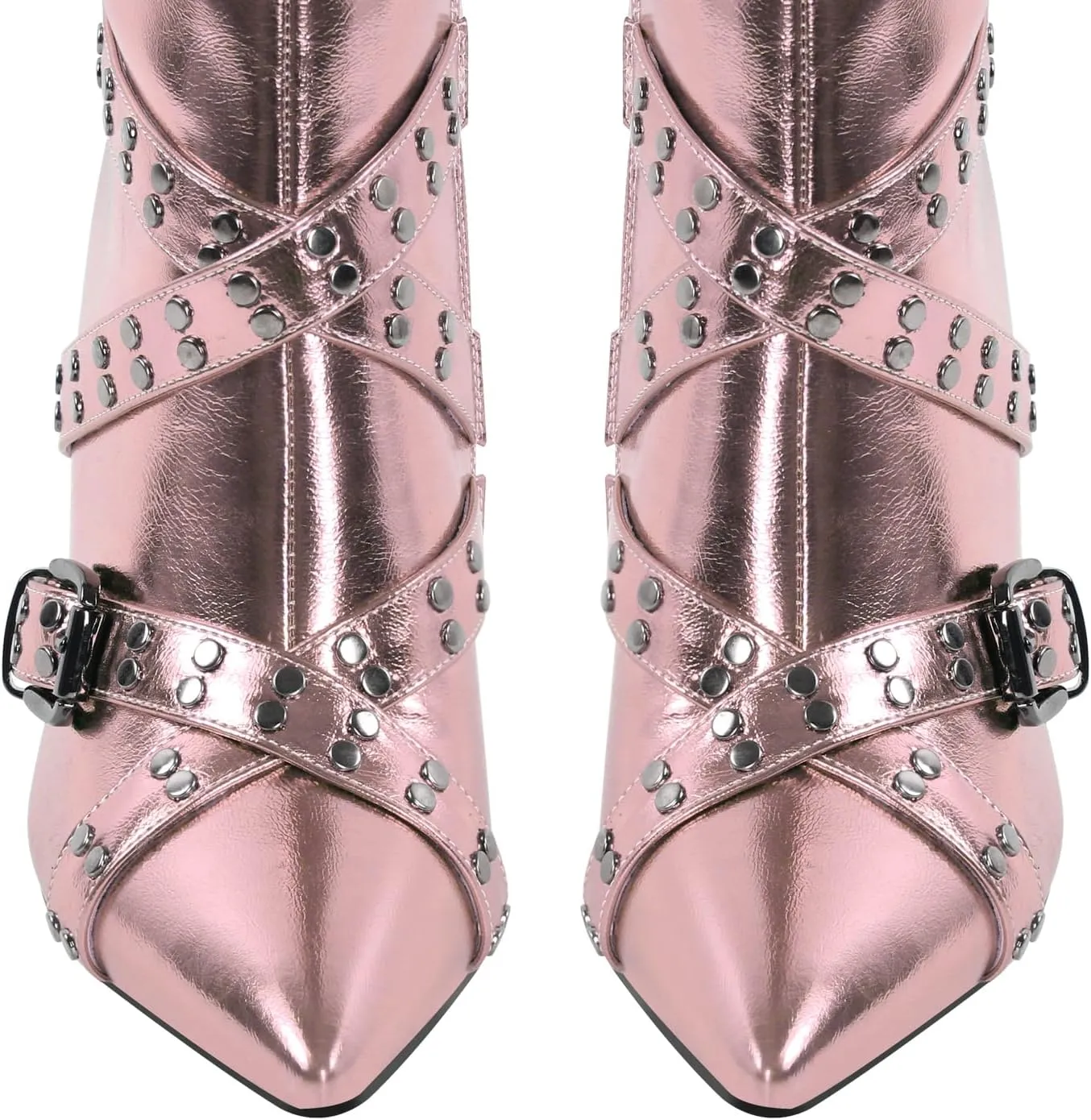 richealnini Women's Metallic Boots Sexy Pointed Toe Knee High Boots with Stiletto Heel Chains Decor Motorcycle Combat Booties