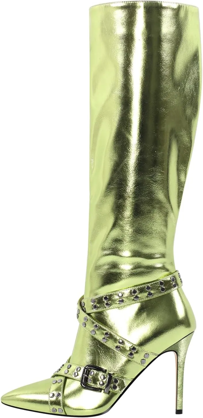 richealnini Women's Metallic Boots Sexy Pointed Toe Knee High Boots with Stiletto Heel Chains Decor Motorcycle Combat Booties