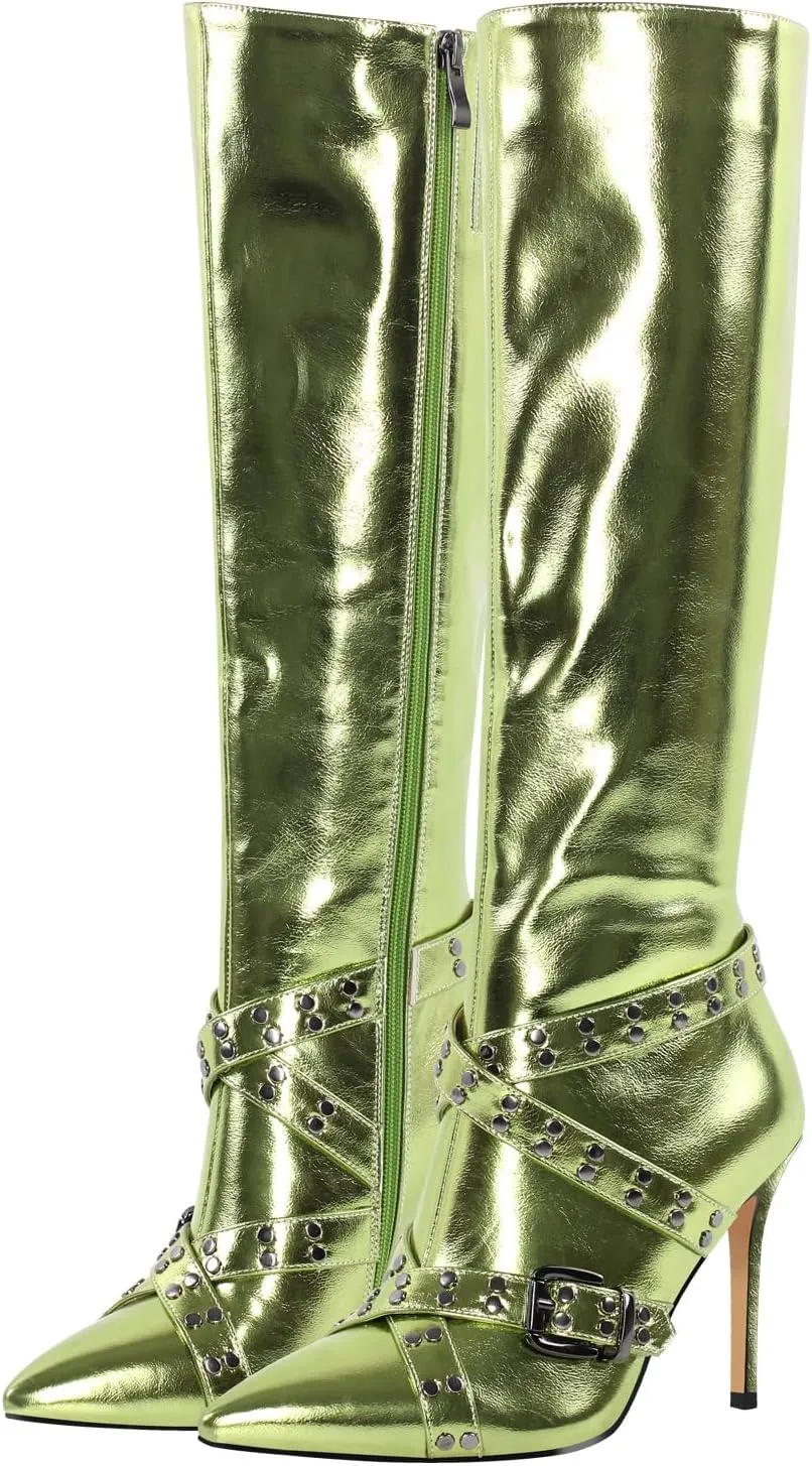 richealnini Women's Metallic Boots Sexy Pointed Toe Knee High Boots with Stiletto Heel Chains Decor Motorcycle Combat Booties