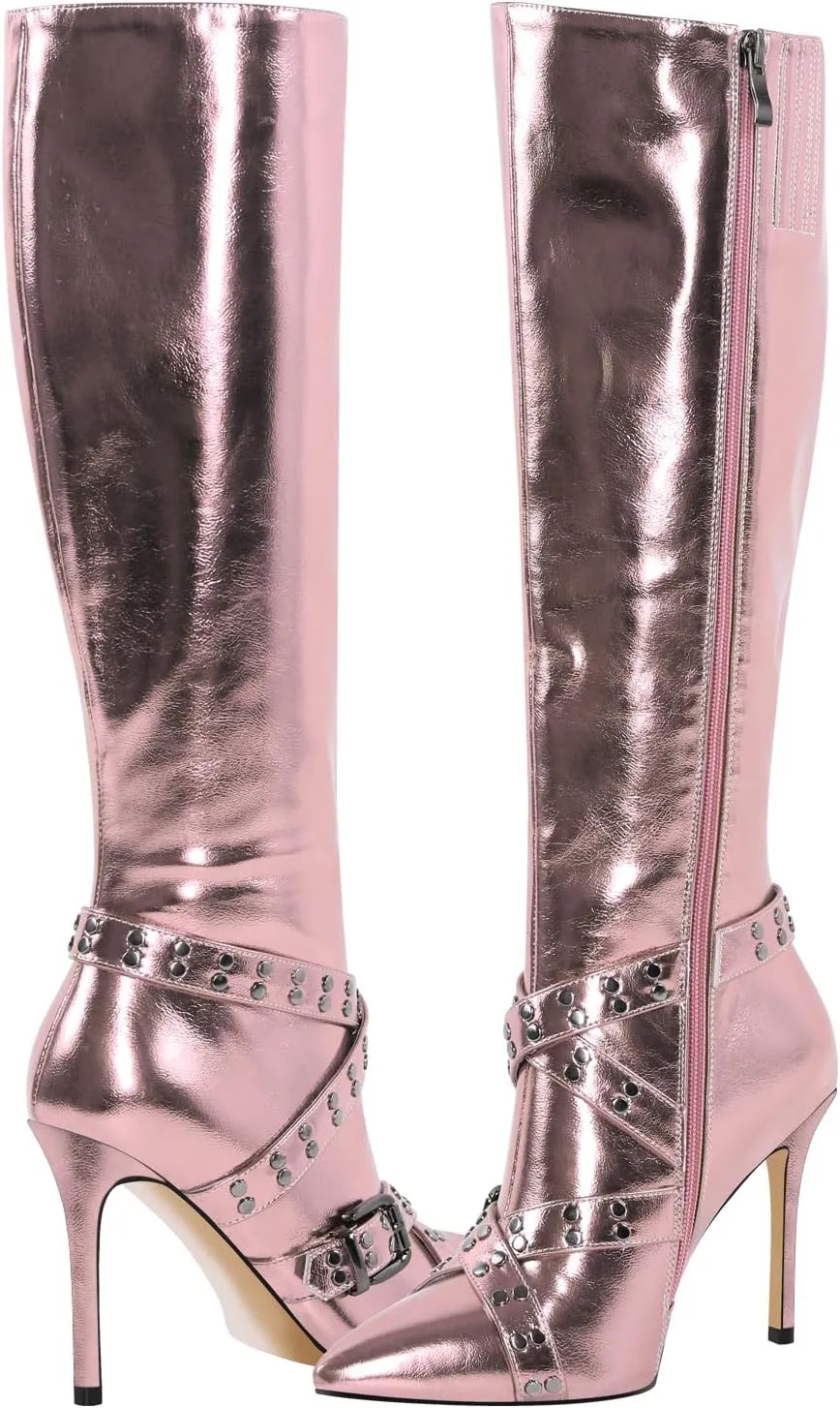 richealnini Women's Metallic Boots Sexy Pointed Toe Knee High Boots with Stiletto Heel Chains Decor Motorcycle Combat Booties