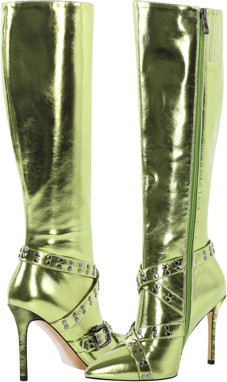 richealnini Women's Metallic Boots Sexy Pointed Toe Knee High Boots with Stiletto Heel Chains Decor Motorcycle Combat Booties