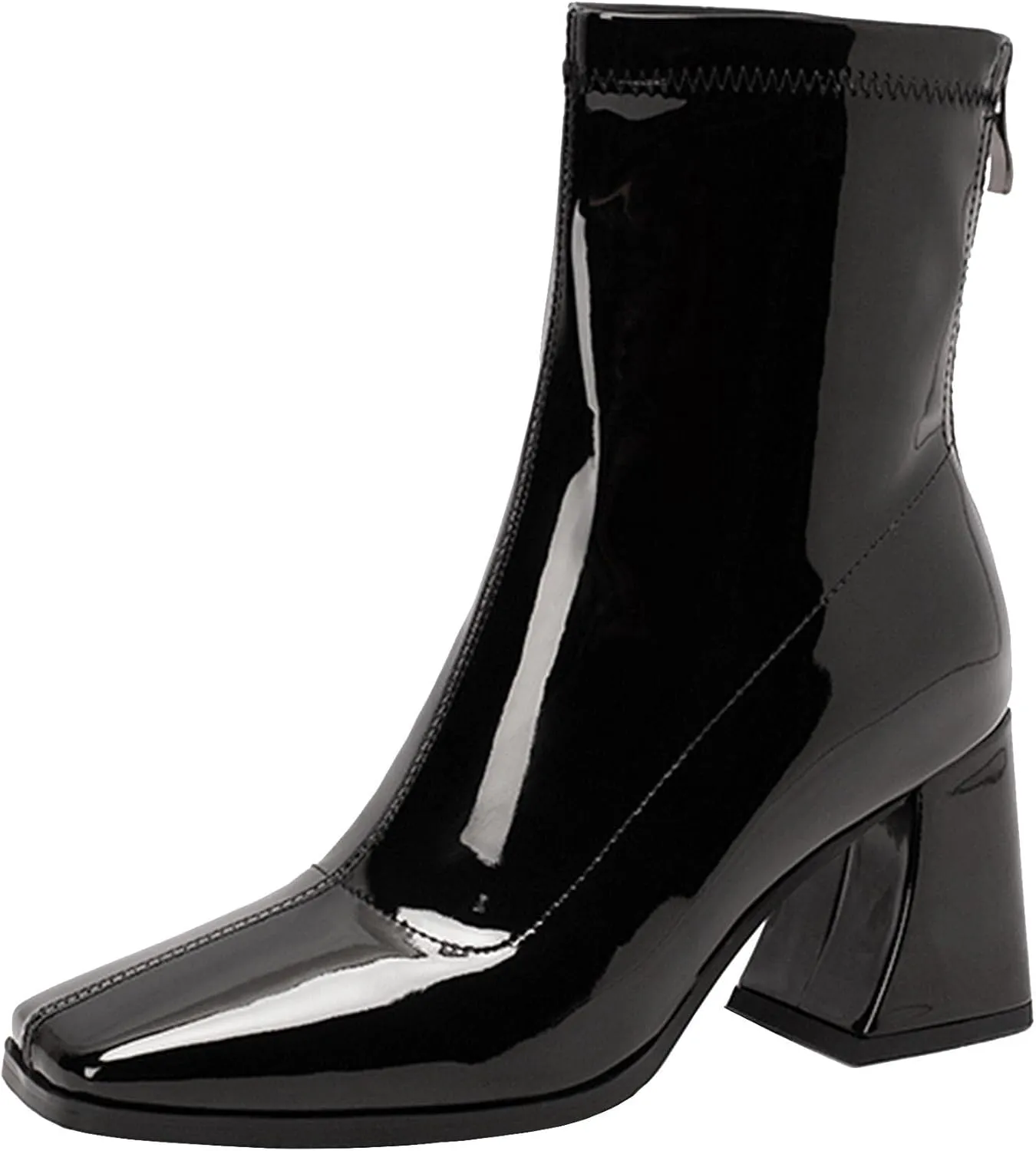 Seborluys Women's Stretch Square Toe Patent Leather Ankle Boots Stretchy Chunky Block Heel Zip Up Booties